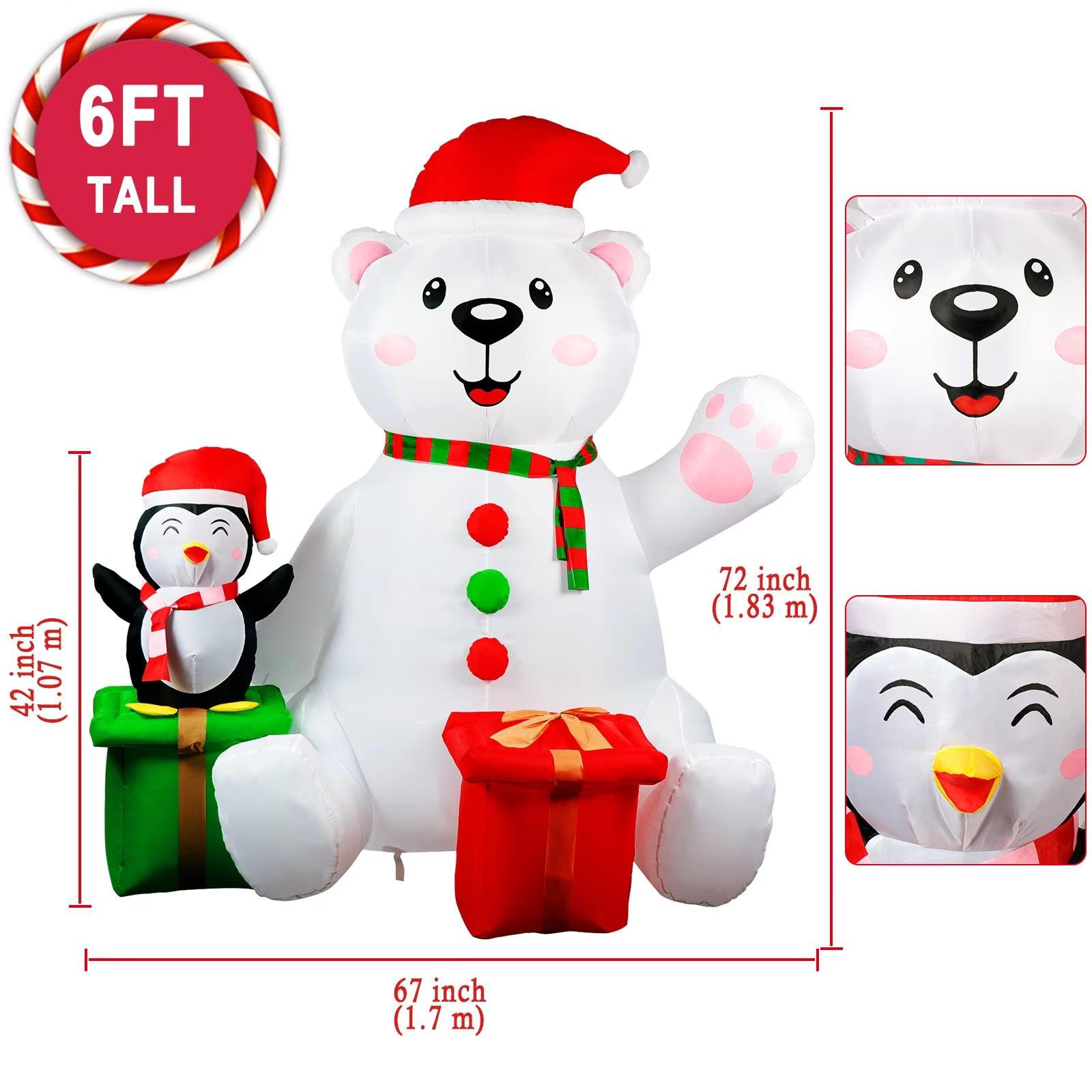 6FT Polar Bear & Penguin Christmas Inflatable – LED-Lit Outdoor Decoration with Gift Boxes | Waterproof, Self-Inflating.