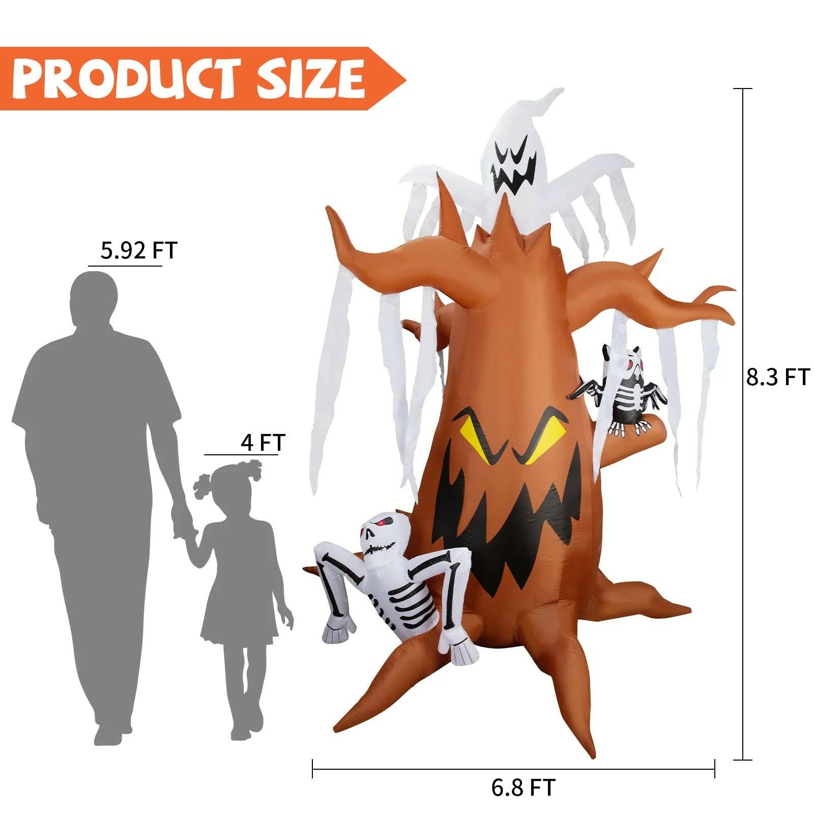 8.3FT Inflatable Halloween Dead Tree with White Ghost and Owl – LED Blow-Up Decoration for Garden, Lawn, and Party Displays