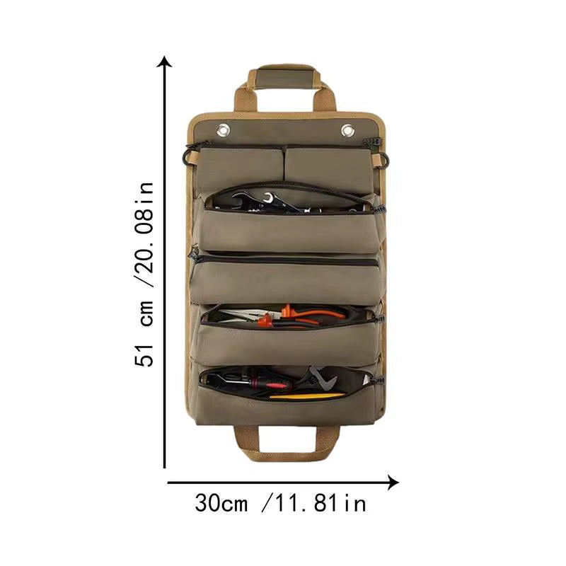 Heavy-duty roll-up tool bag with 900D Oxford cloth for durability. Compact, portable & perfect for home, garage & professional use. Keep tools organised today!
