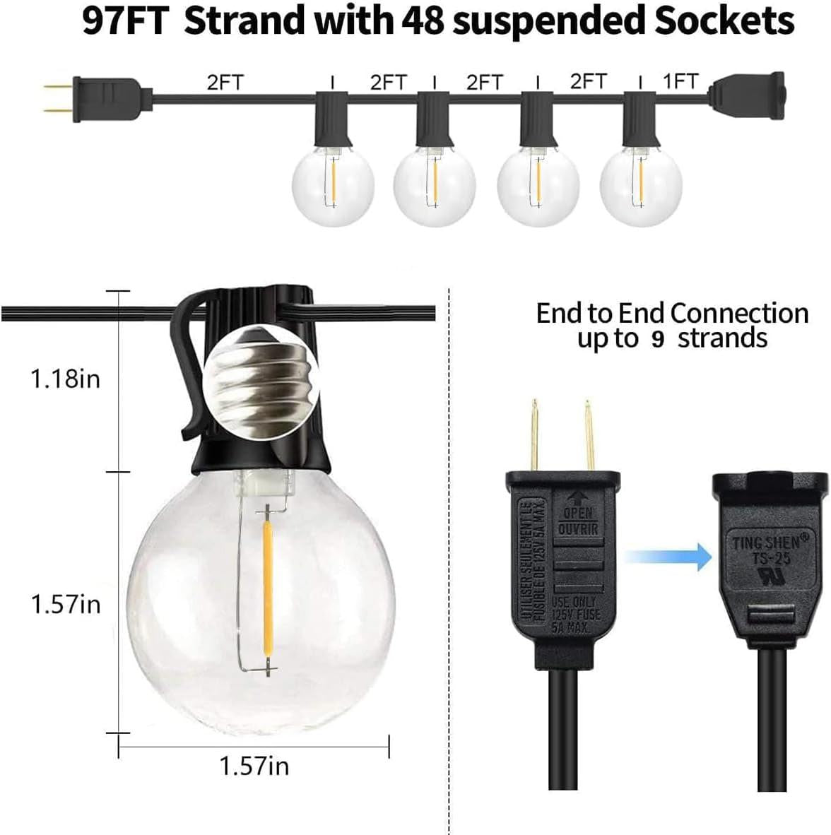 97FT Outdoor String Lights – G40 Shatterproof LED Patio Lights.