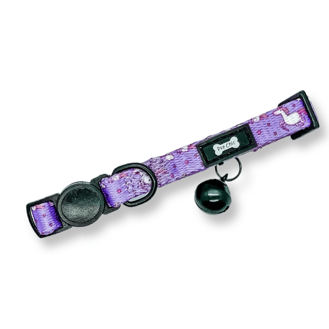 Daydreams & Unicorns cat collar with unicorn print, quick release buckle, and black bell
