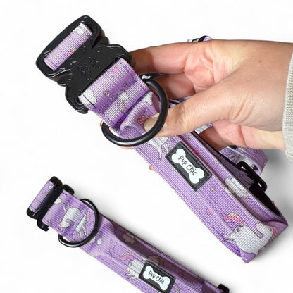 Daydreams & Unicorns dog collars, purple base with rainbow & unicorn print, adjustable standard & tactical styles