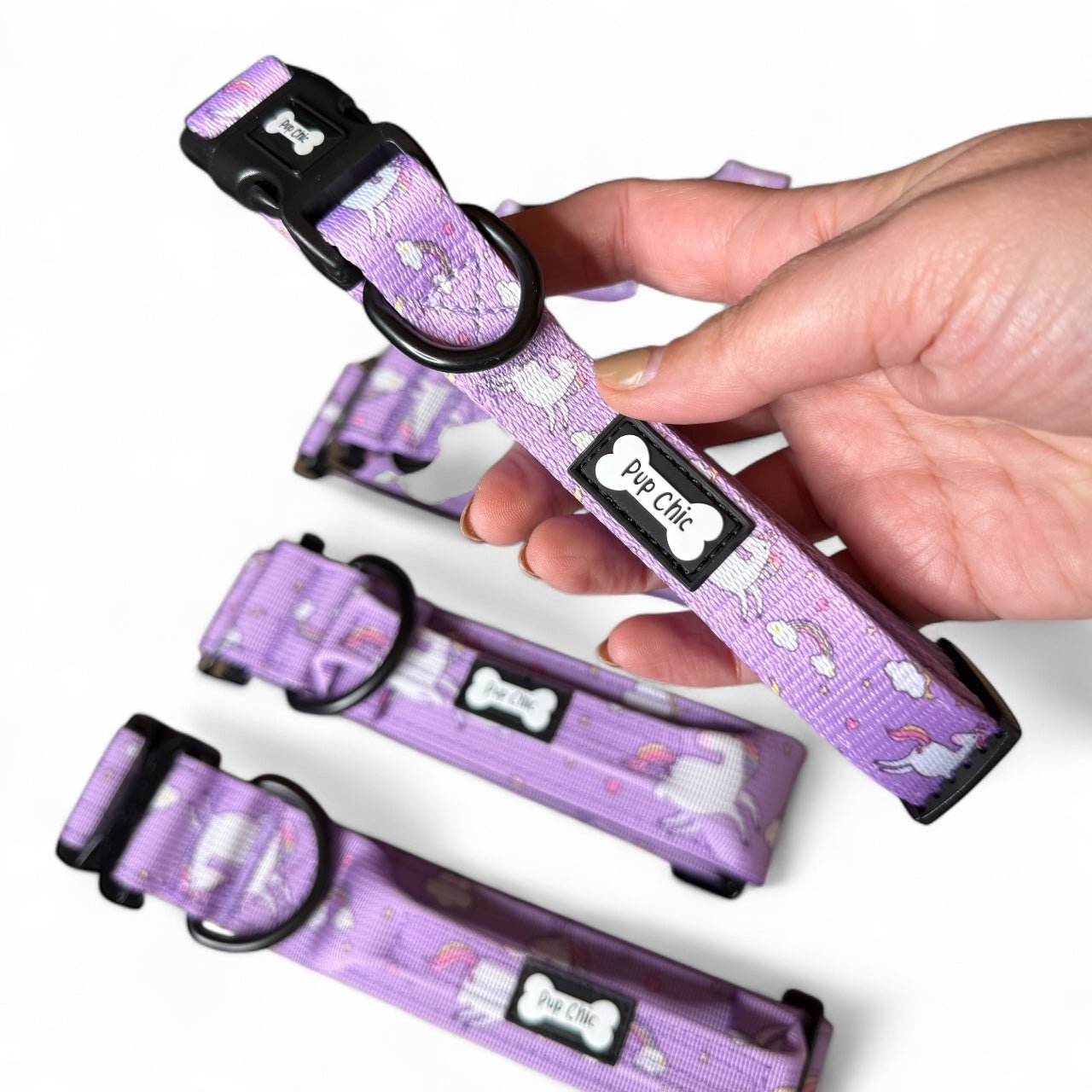 Daydreams & Unicorns dog collars, purple base with rainbow & unicorn print, adjustable standard & tactical styles