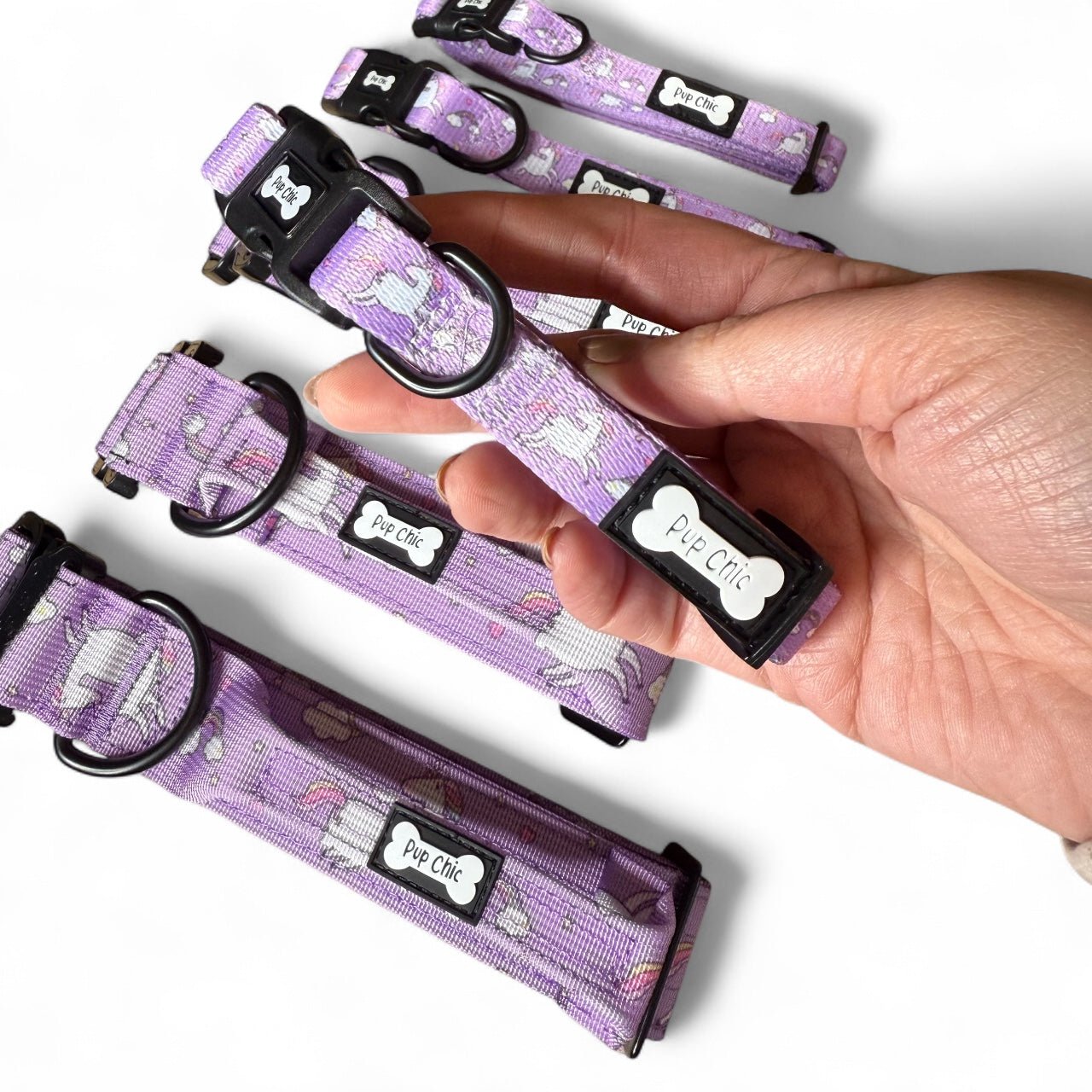 Daydreams & Unicorns dog collars, purple base with rainbow & unicorn print, adjustable standard & tactical styles