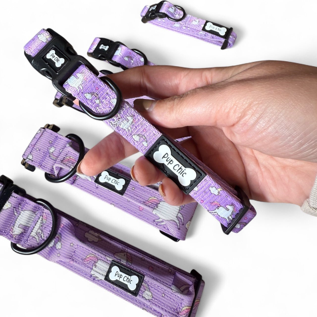 Daydreams & Unicorns dog collars, purple base with rainbow & unicorn print, adjustable standard & tactical styles