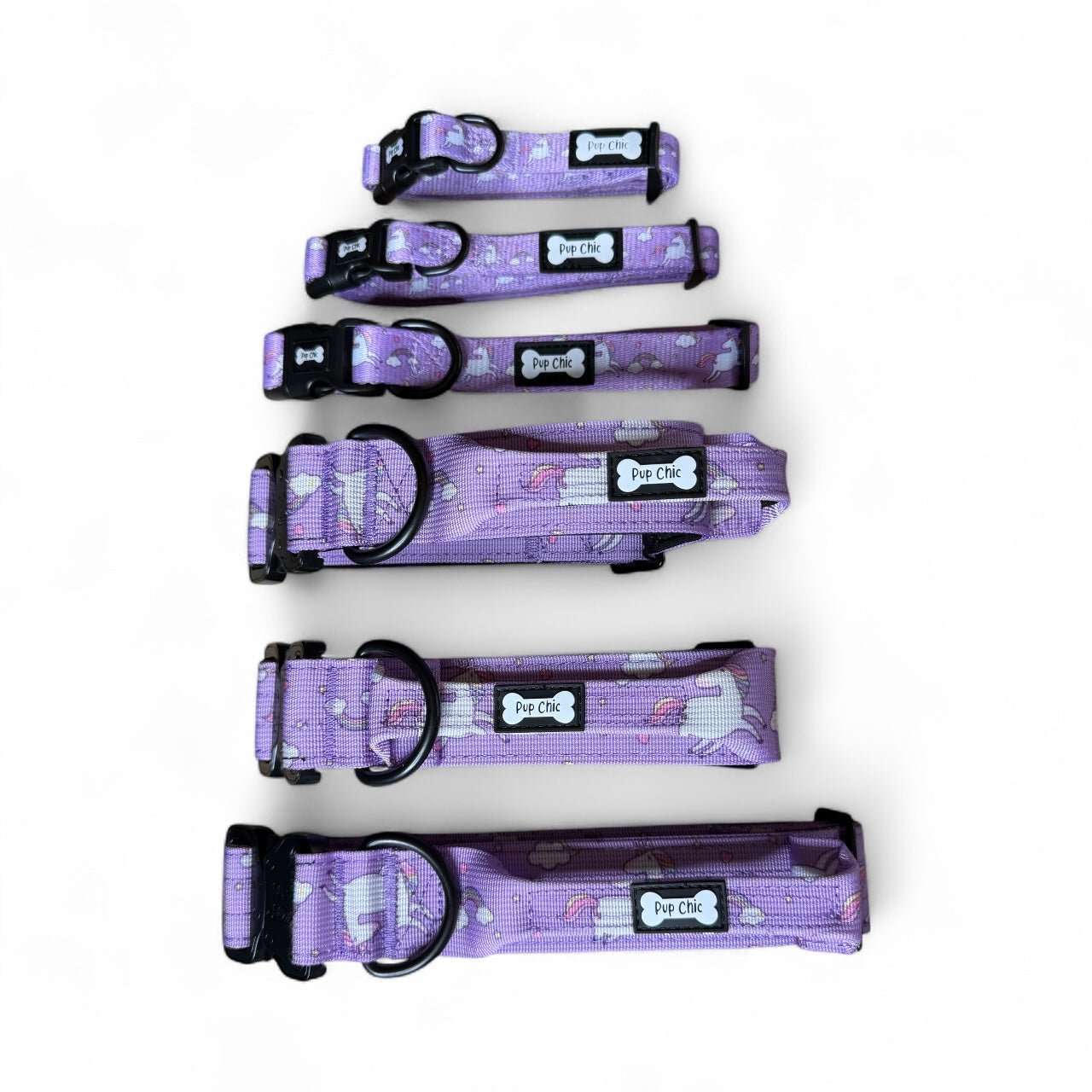 Daydreams & Unicorns dog collars, purple base with rainbow & unicorn print, adjustable standard & tactical styles