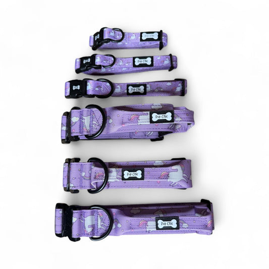 Daydreams & Unicorns dog collars, purple base with rainbow & unicorn print, adjustable standard & tactical styles