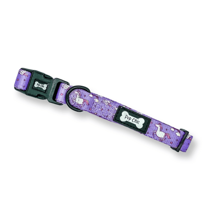 Daydreams & Unicorns dog collars, purple base with rainbow & unicorn print, adjustable standard & tactical styles