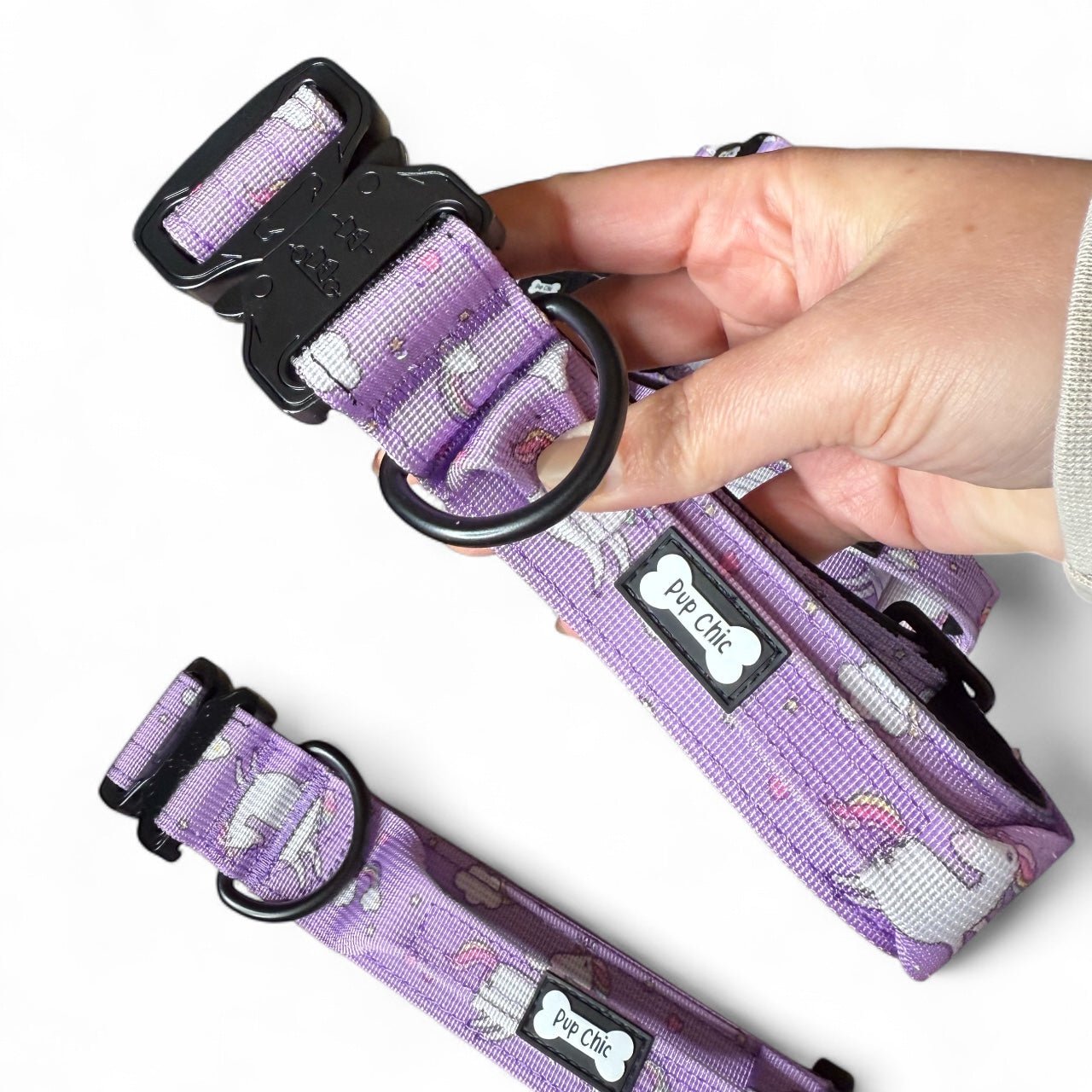 Daydreams & Unicorns tactical dog collar in pastel purple with rainbow unicorn print and metal buckle