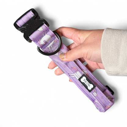 Daydreams & Unicorns tactical dog collar in pastel purple with rainbow unicorn print and metal buckle