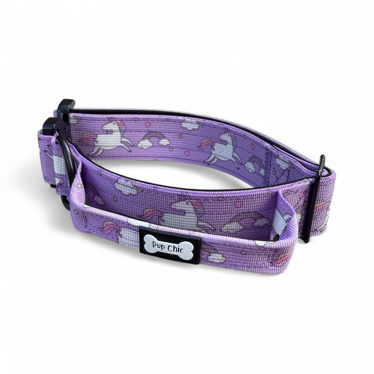 Daydreams & Unicorns tactical dog collar in pastel purple with rainbow unicorn print and metal buckle