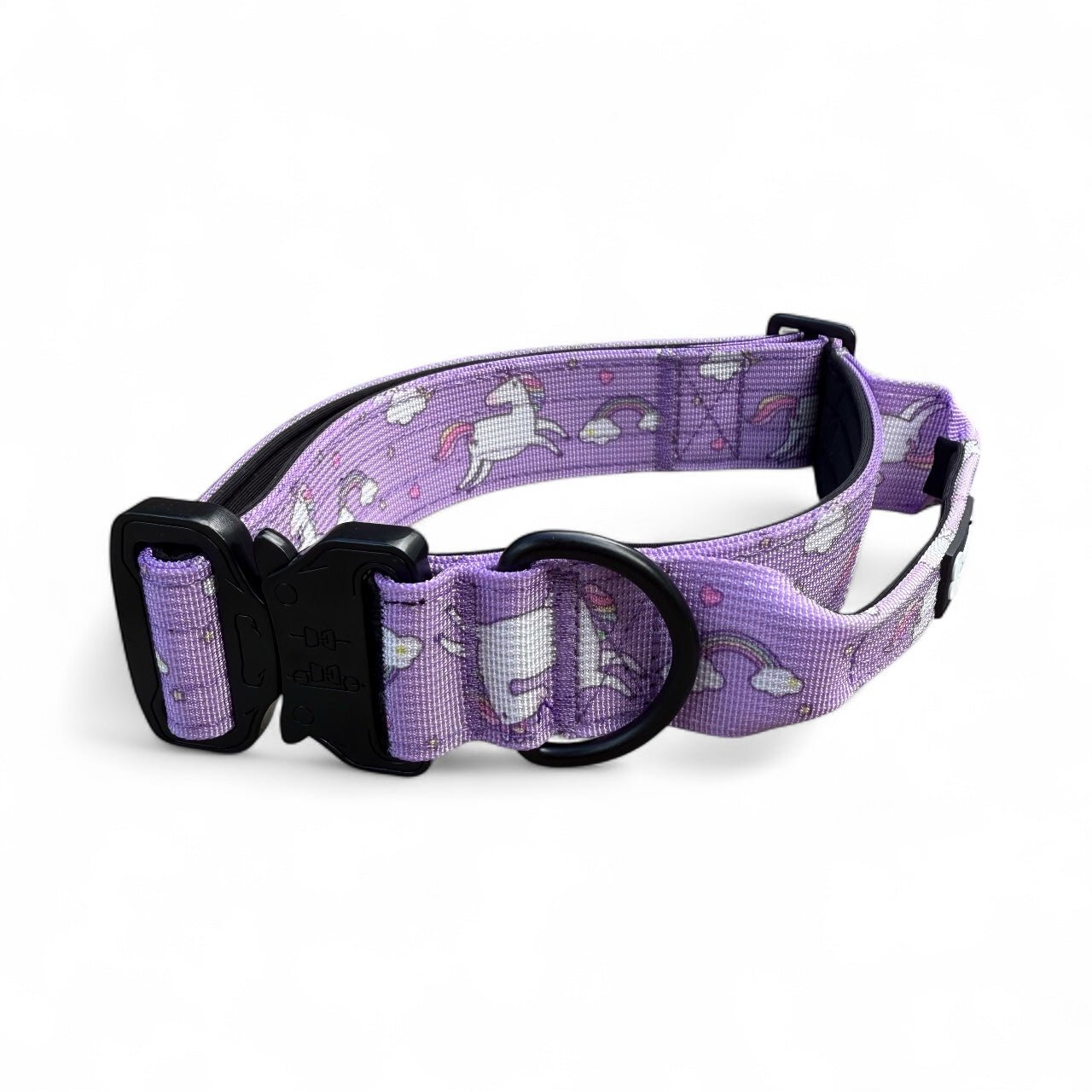 Daydreams & Unicorns dog collars, purple base with rainbow & unicorn print, adjustable standard & tactical styles