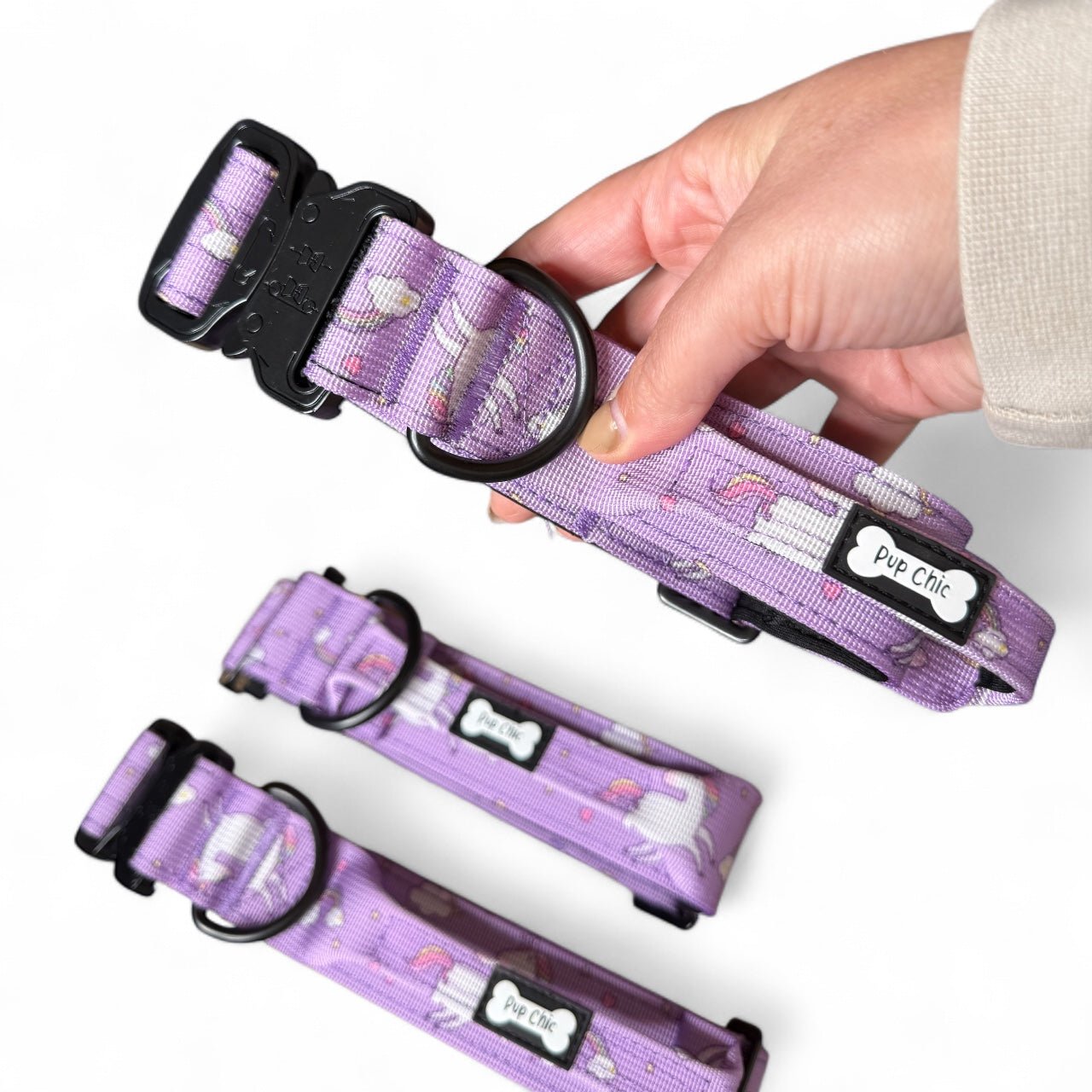 Daydreams & Unicorns tactical dog collar in pastel purple with rainbow unicorn print and metal buckle