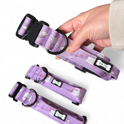 Daydreams & Unicorns tactical dog collar in pastel purple with rainbow unicorn print and metal buckle
