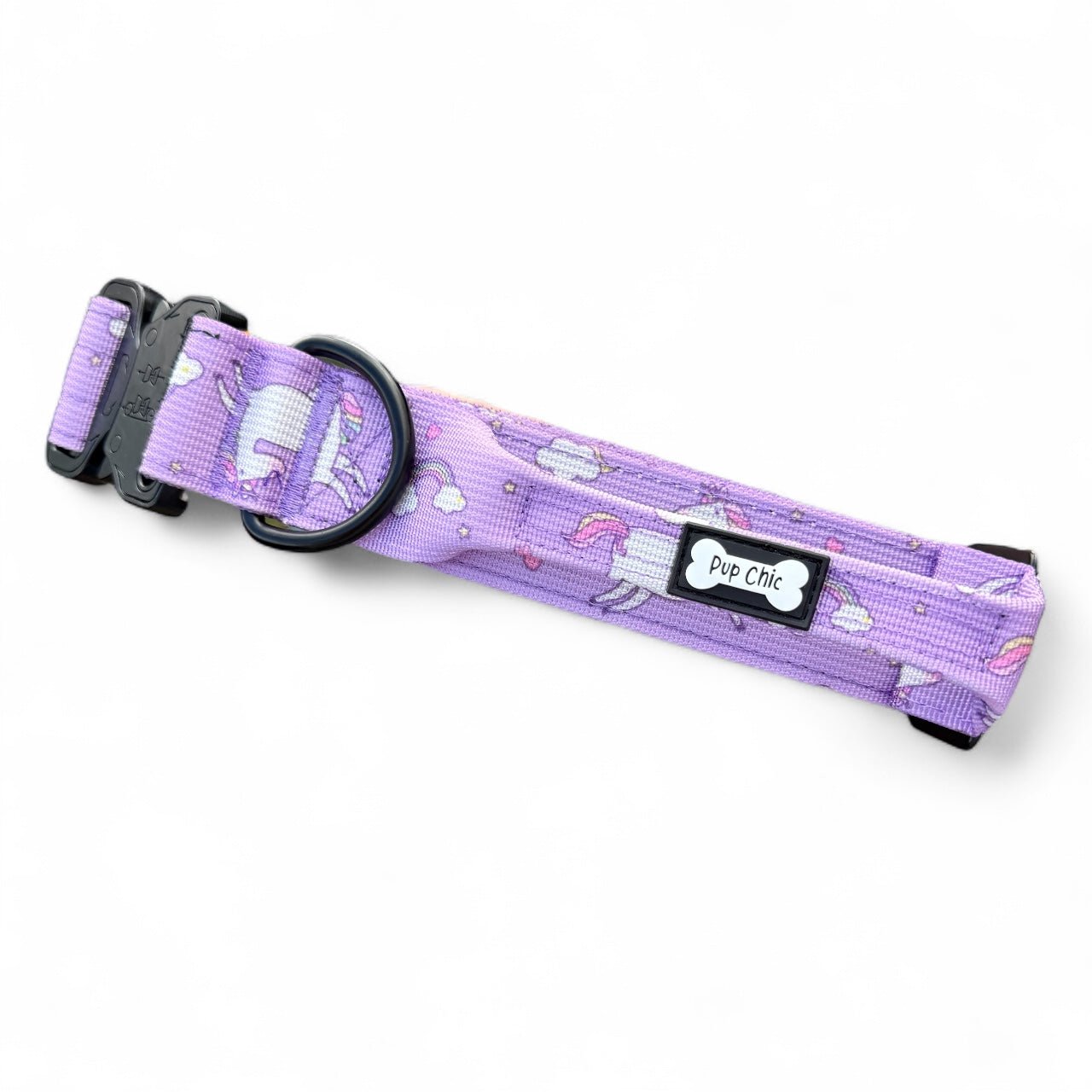 Daydreams & Unicorns tactical dog collar in pastel purple with rainbow unicorn print and metal buckle