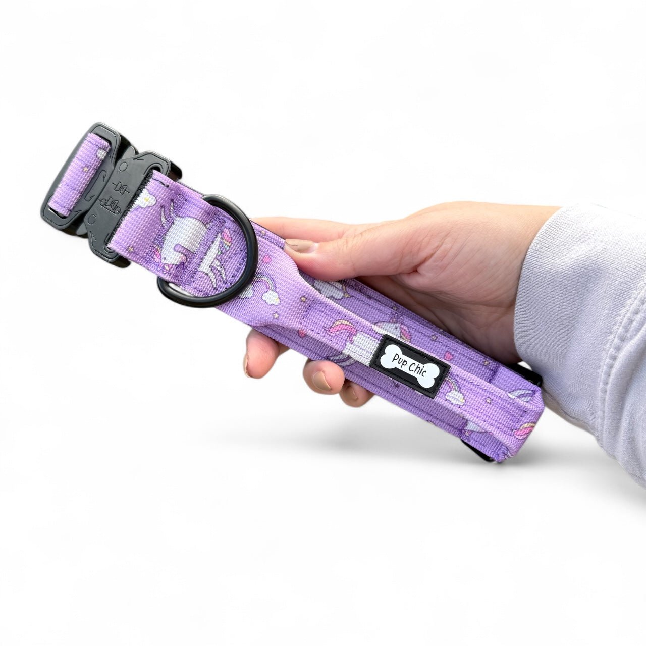 Daydreams & Unicorns tactical dog collar in pastel purple with rainbow unicorn print and metal buckle