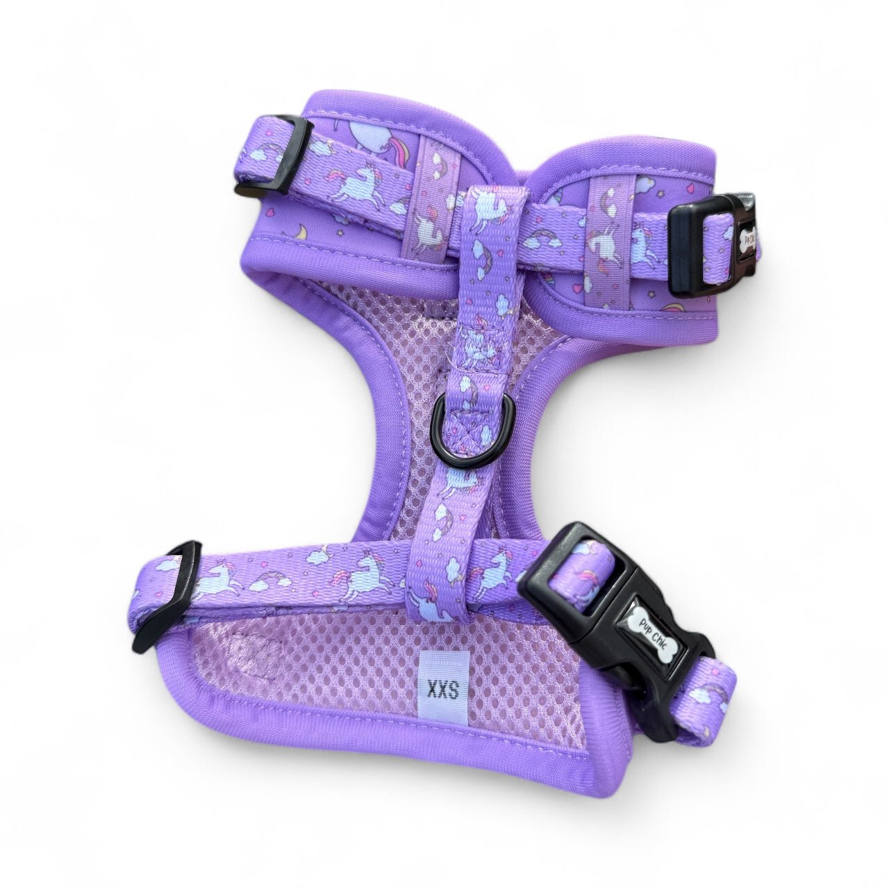 Daydreams & Unicorns step‑in adjustable dog harness in pastel purple with rainbow and unicorn print
