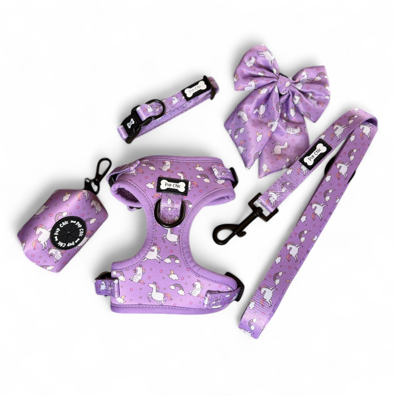 Daydreams & Unicorns step‑in adjustable dog harness in pastel purple with rainbow and unicorn print