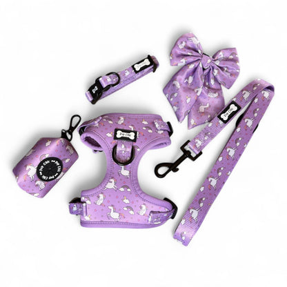 Daydreams & Unicorns step‑in adjustable dog harness in pastel purple with rainbow and unicorn print