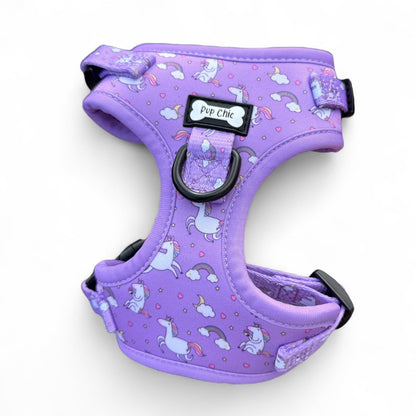 Daydreams & Unicorns step‑in adjustable dog harness in pastel purple with rainbow and unicorn print