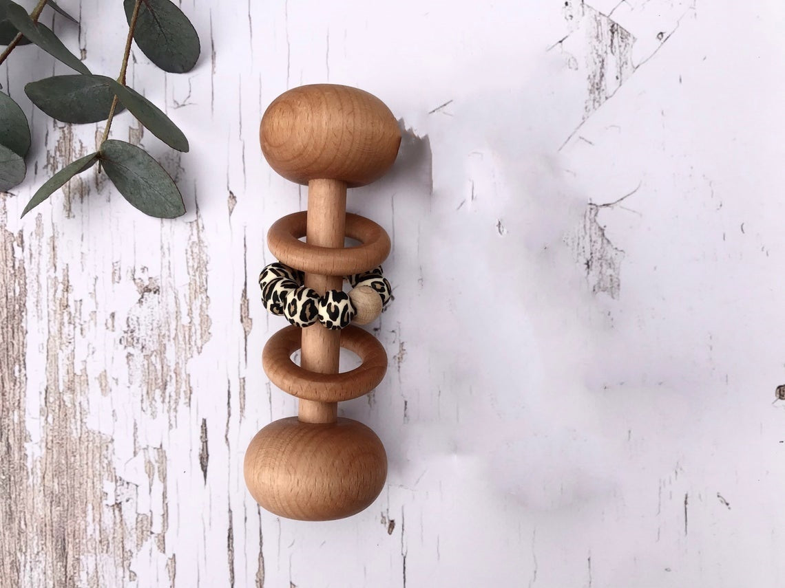 Baby Wooden Rattles, Raw Wooden Toys, Silicone Beads Color Enlightenment Education, Chewable Toys