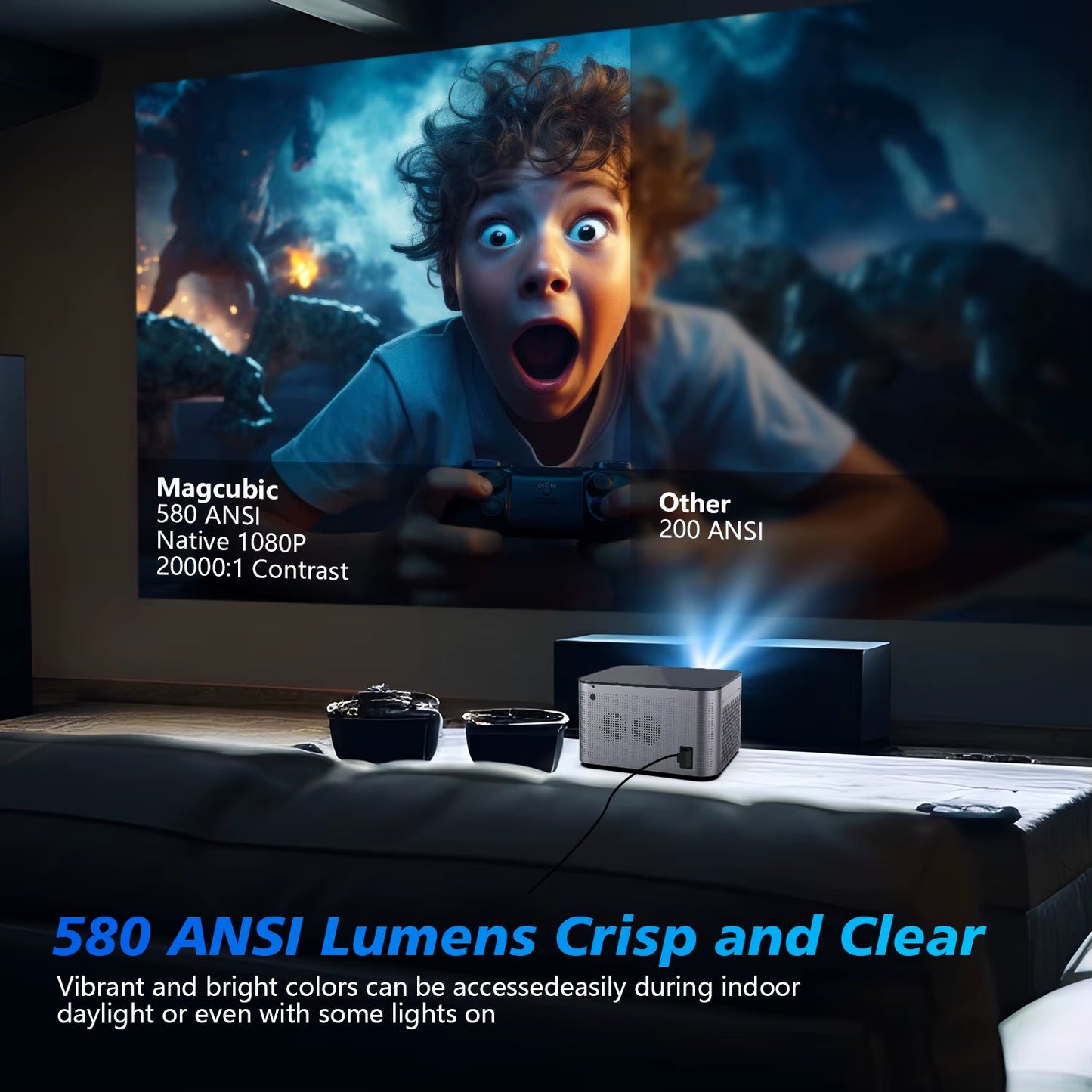 Magcubic 4K Smart Projector with ultra-bright 12000 lumens, Android 11 OS & auto-correction. Stunning visuals, Bluetooth audio & portable design!