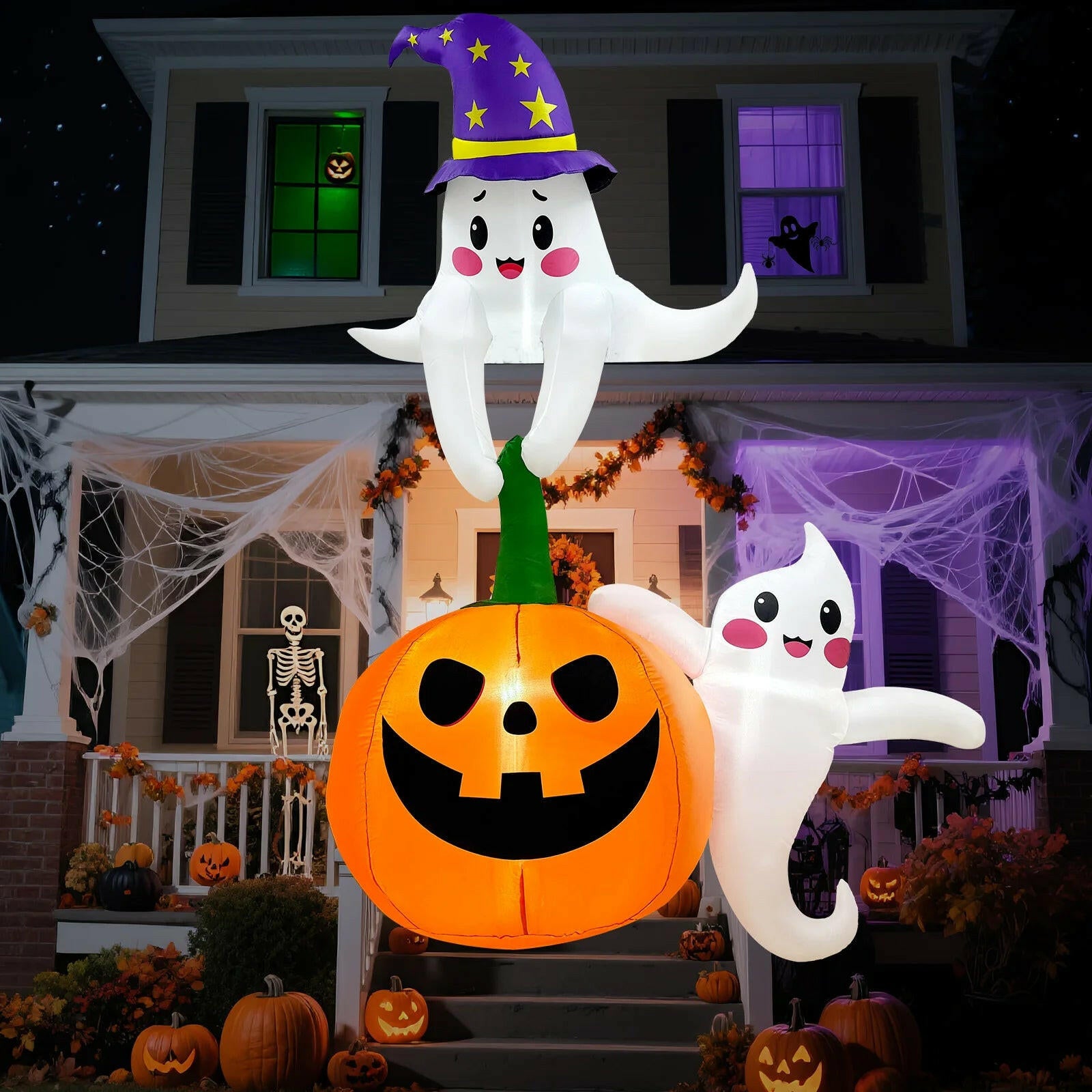 7FT Halloween Inflatable Decoration – Ghost and Pumpkin Scene with LED Lights for Outdoor and Indoor Yard, Roof, and Party Display