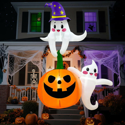 7FT Halloween Inflatable Decoration – Ghost and Pumpkin Scene with LED Lights for Outdoor and Indoor Yard, Roof, and Party Display