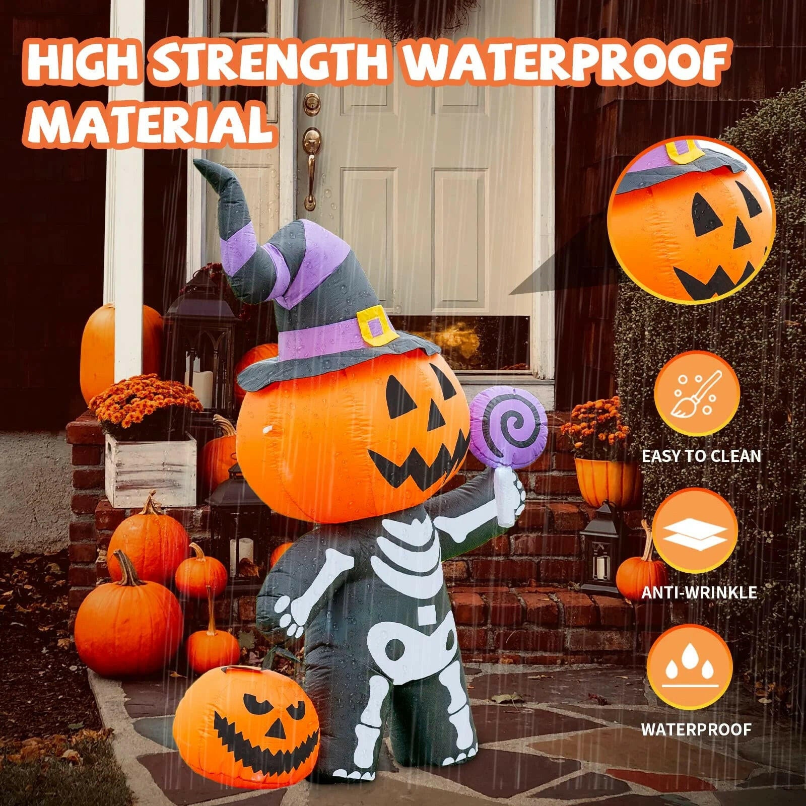 6FT Inflatable Halloween Pumpkin with Skull Body – LED Blow-Up Decoration for Garden, Lawn, and Indoor Displays