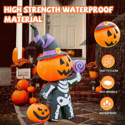 6FT Inflatable Halloween Pumpkin with Skull Body – LED Blow-Up Decoration for Garden, Lawn, and Indoor Displays