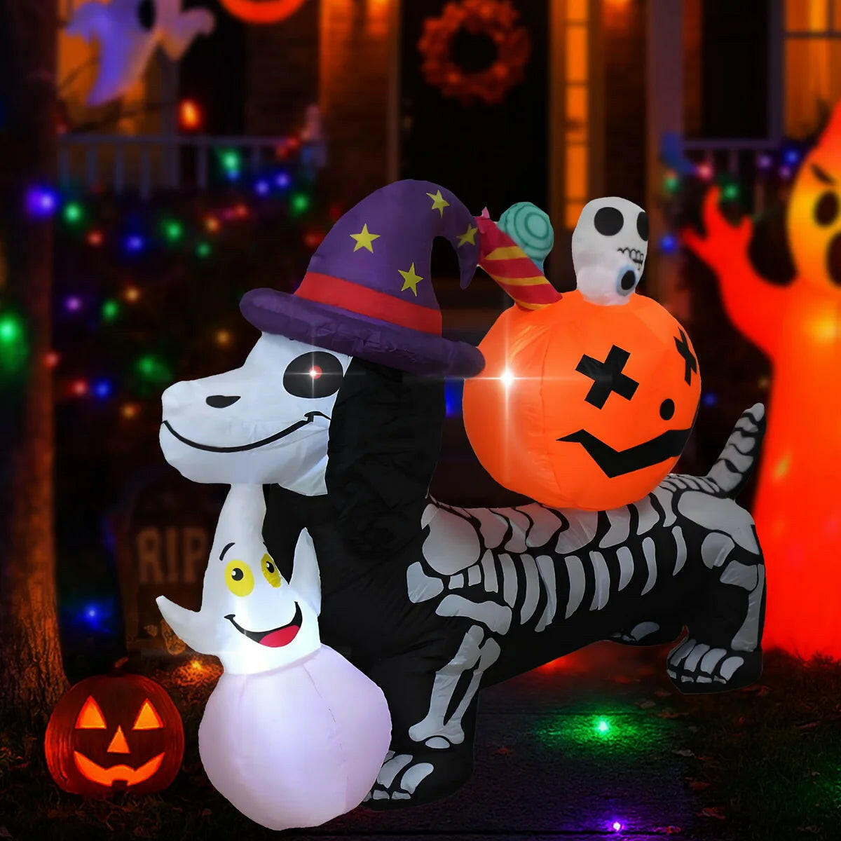Inflatable Halloween Outdoor Decorations – Alien, Ghost Pumpkin, and Skeleton Dachshund Blow-Up Props for Lawn, Garden, and Party Displays