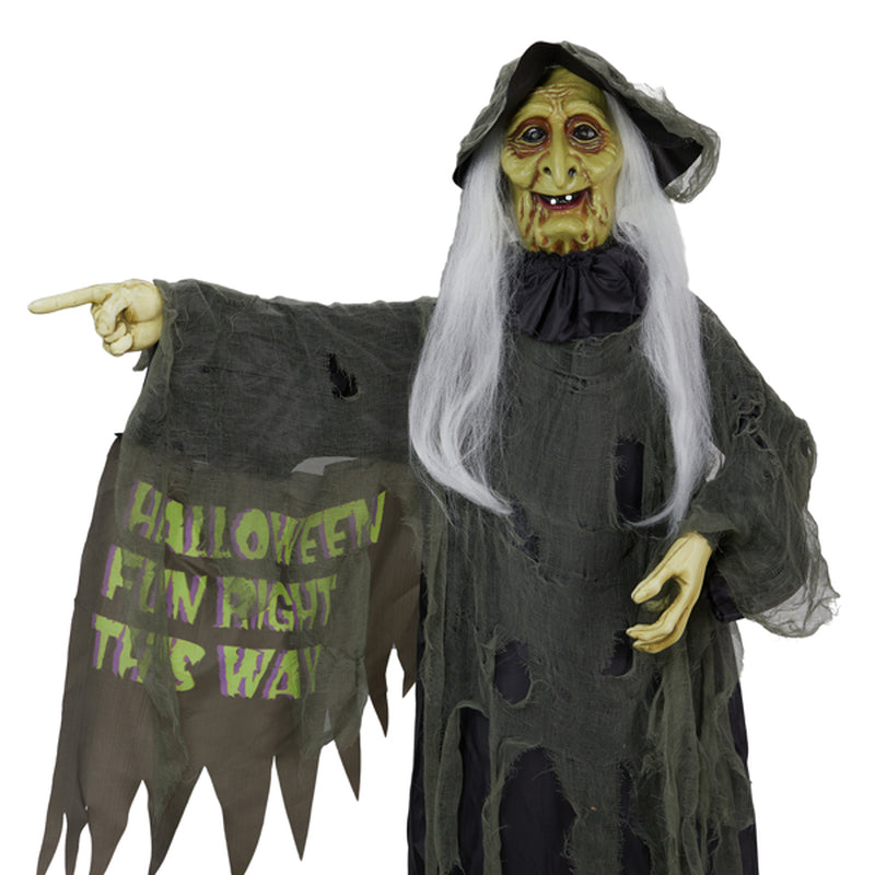 6Ft Voice‑Activated Standing Witch Halloween Decoration – LED Red Eyes, Sound, Vibration and Motion Sensor – Indoor/Outdoor Animatronic Prop – Battery Operated