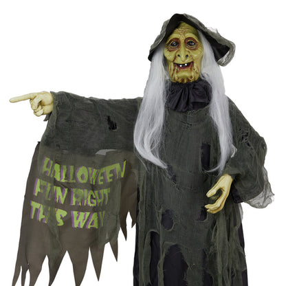 6Ft Voice‑Activated Standing Witch Halloween Decoration – LED Red Eyes, Sound, Vibration and Motion Sensor – Indoor/Outdoor Animatronic Prop – Battery Operated