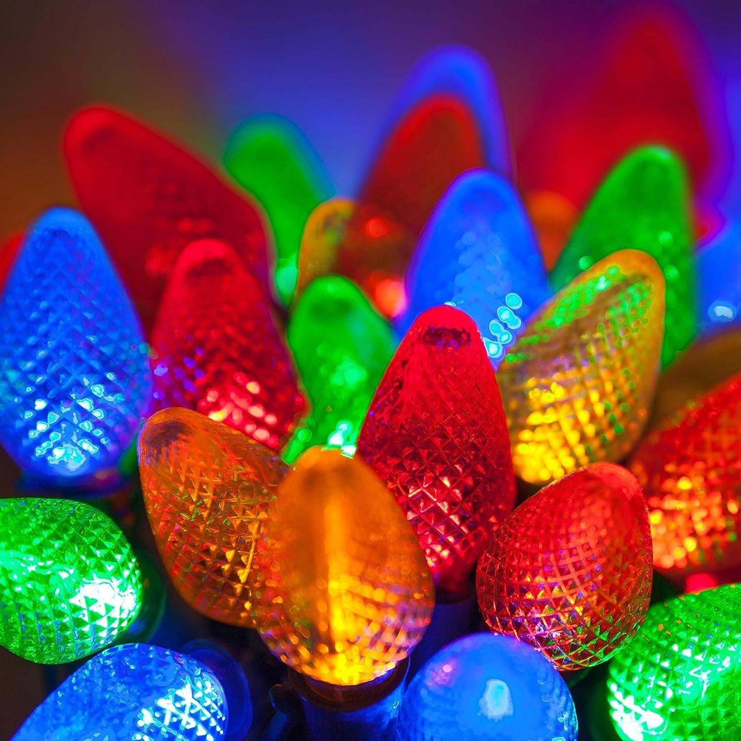 Multicolor LED Christmas Lights – 25 Faceted Bulbs, Green Wire.