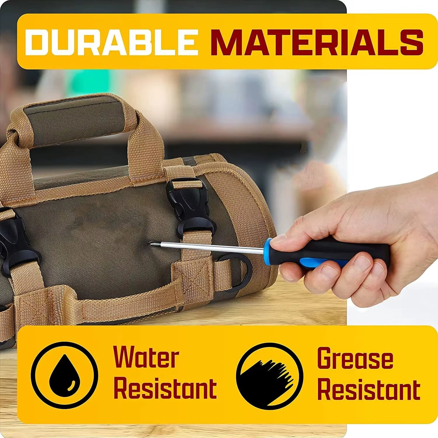 Heavy-duty roll-up tool bag with 900D Oxford cloth for durability. Compact, portable & perfect for home, garage & professional use. Keep tools organised today!