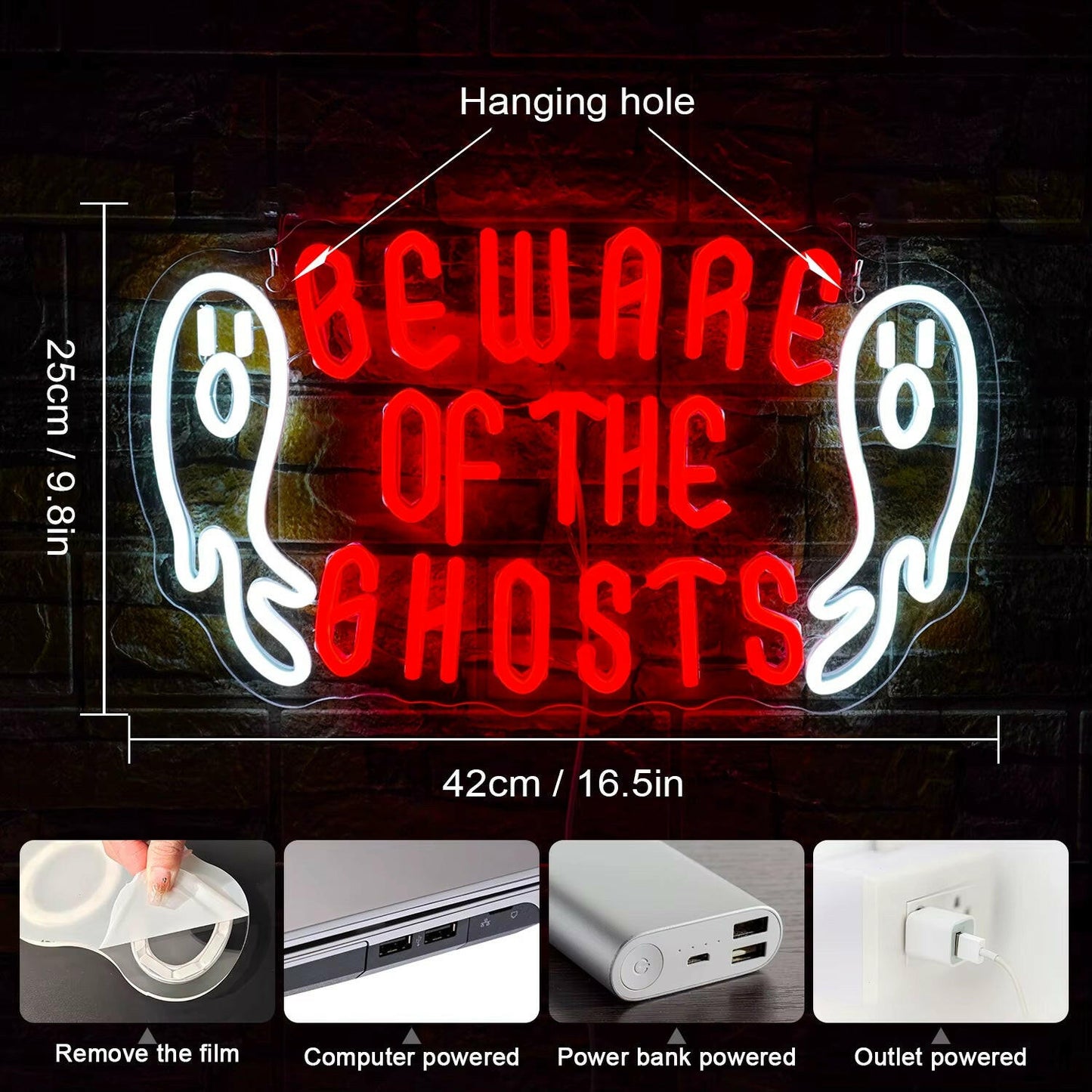 2025 “Beware of Ghosts” Neon Sign – LED Wall Light for Halloween Bedroom, Bar & Party Decor (USB Powered)