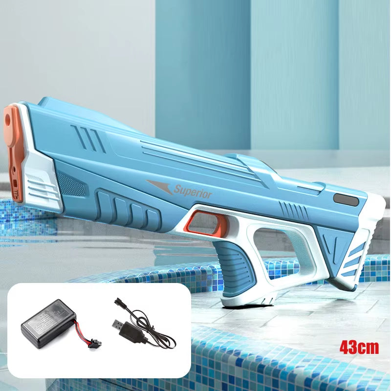 Electric water gun with rechargeable lithium battery & 8–10m range. 43cm long blaster with quick refilling, waterproof design & up to 200 shots per charge