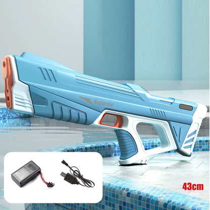 Electric water gun with rechargeable lithium battery & 8–10m range. 43cm long blaster with quick refilling, waterproof design & up to 200 shots per charge