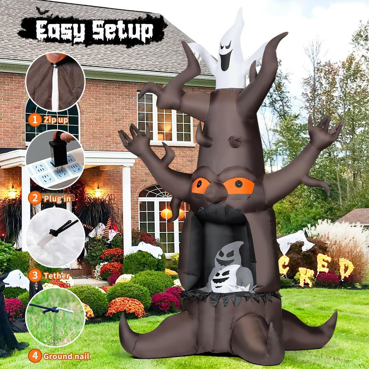 9FT Inflatable Halloween Animated Dead Tree with Ghosts – LED Blow-Up Decoration for Garden, Lawn, and Party Displays