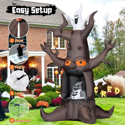 9FT Inflatable Halloween Animated Dead Tree with Ghosts – LED Blow-Up Decoration for Garden, Lawn, and Party Displays