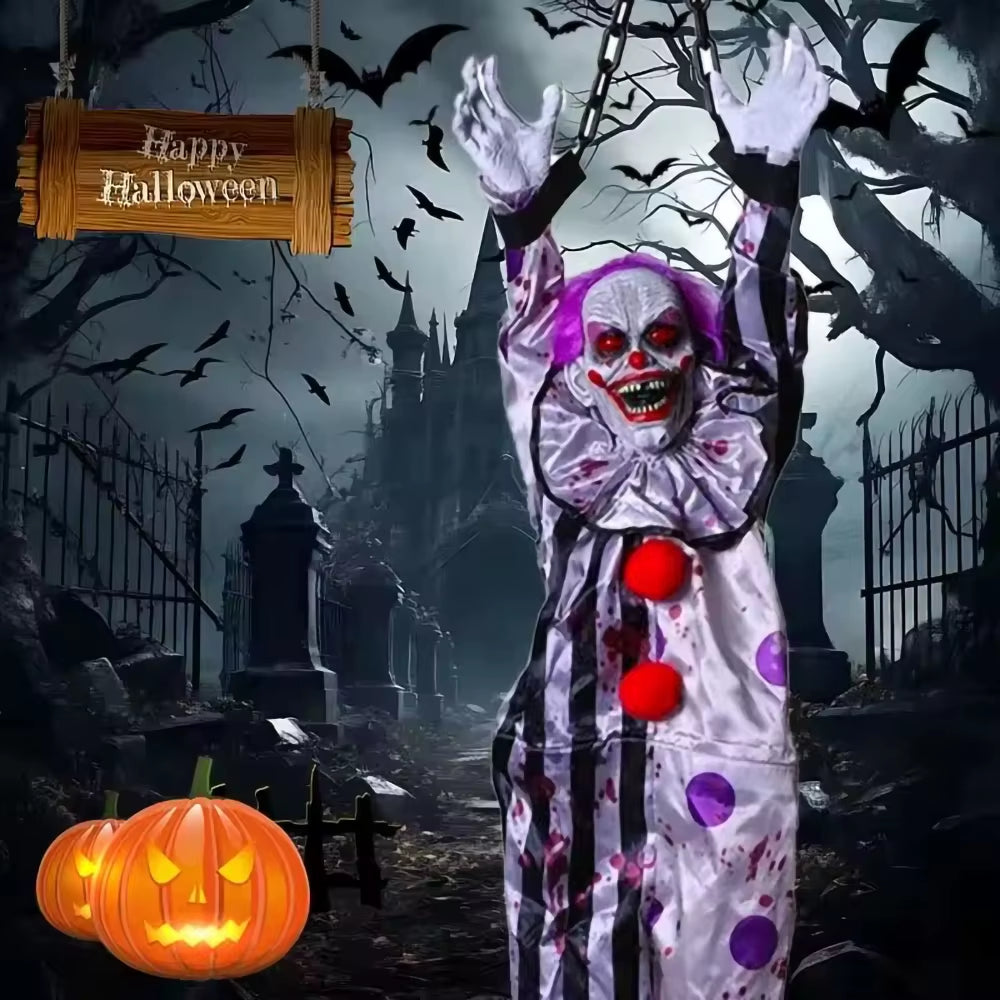 Electric Voice‑Activated Hanging Ghost Clown – Animated Halloween Prop with LED Eyes, Sound & Motion – Scary Haunted House, Porch, Tree & Party Decoration