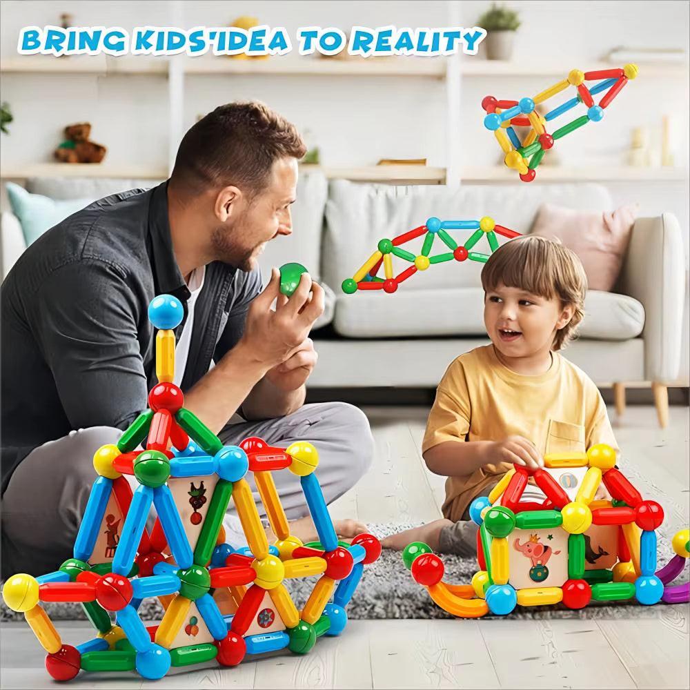 Build Beyond Flat Tiles – 90PCS Montessori‑Style Magnetic Sticks & Balls STEM Toy for 3D Learning.