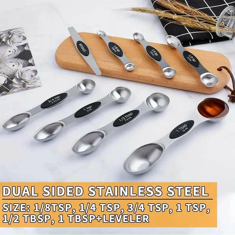 Premium Stainless Steel Measuring Spoons Set: 8 Double-Sided Magnetic Spoons & 1 Level for Perfect Dry Ingredient Measurement