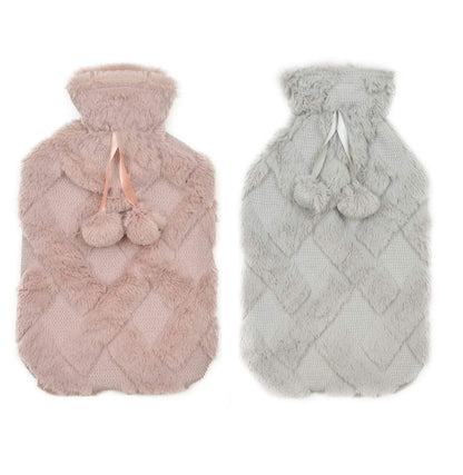 Diamond Fleece Plush Hot Water Bottle 2L with Pom Poms for Ultimate Warmth and Comfort Natural Rubber UK Safe Tested Ideal Gift for Adults Kids by OLIVIA ROCCO