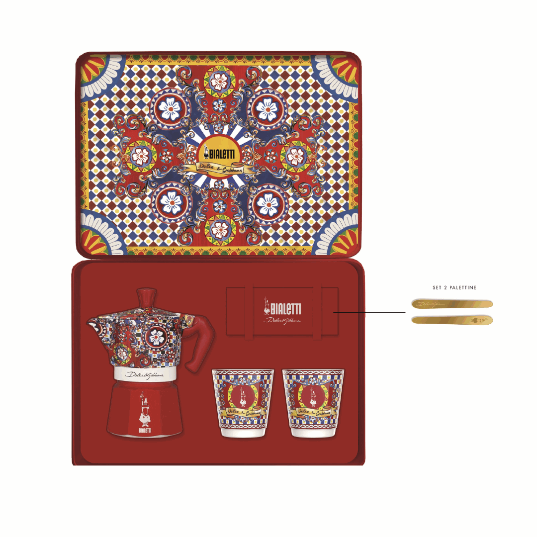 Elegant Bialetti coffee maker paired with Dolce&Gabbana luxury style for sophisticated mornings