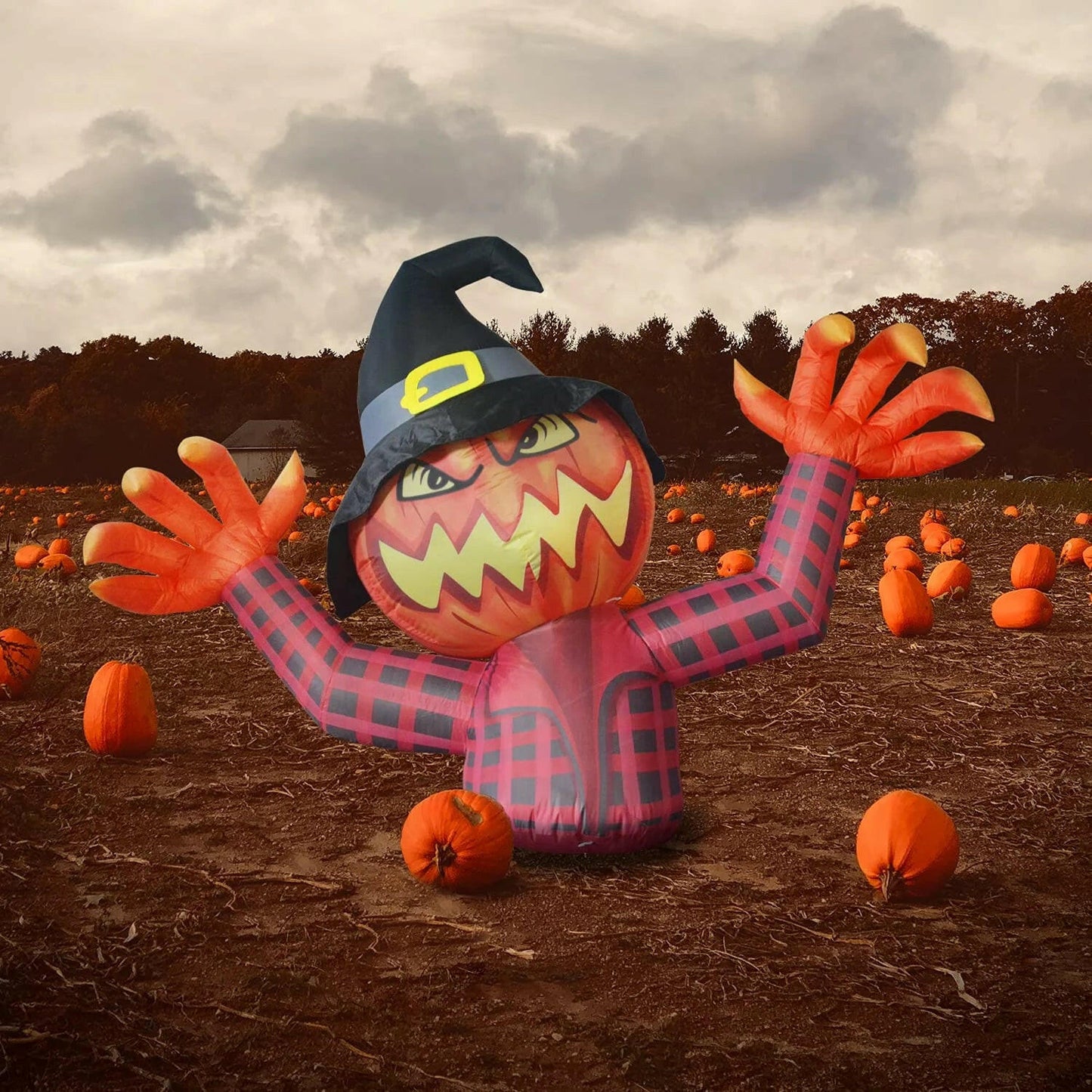 5.5FT Inflatable Halloween Pumpkin Ghost with Witch Hat – LED Blow-Up Decoration for Garden, Lawn, and Indoor Displays