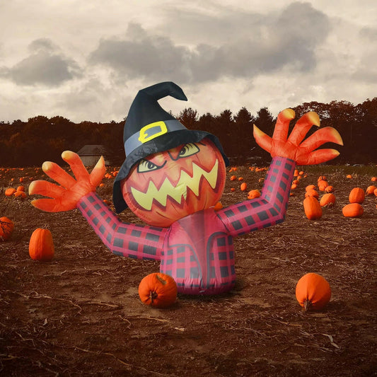 5.5FT Inflatable Halloween Pumpkin Ghost with Witch Hat – LED Blow-Up Decoration for Garden, Lawn, and Indoor Displays