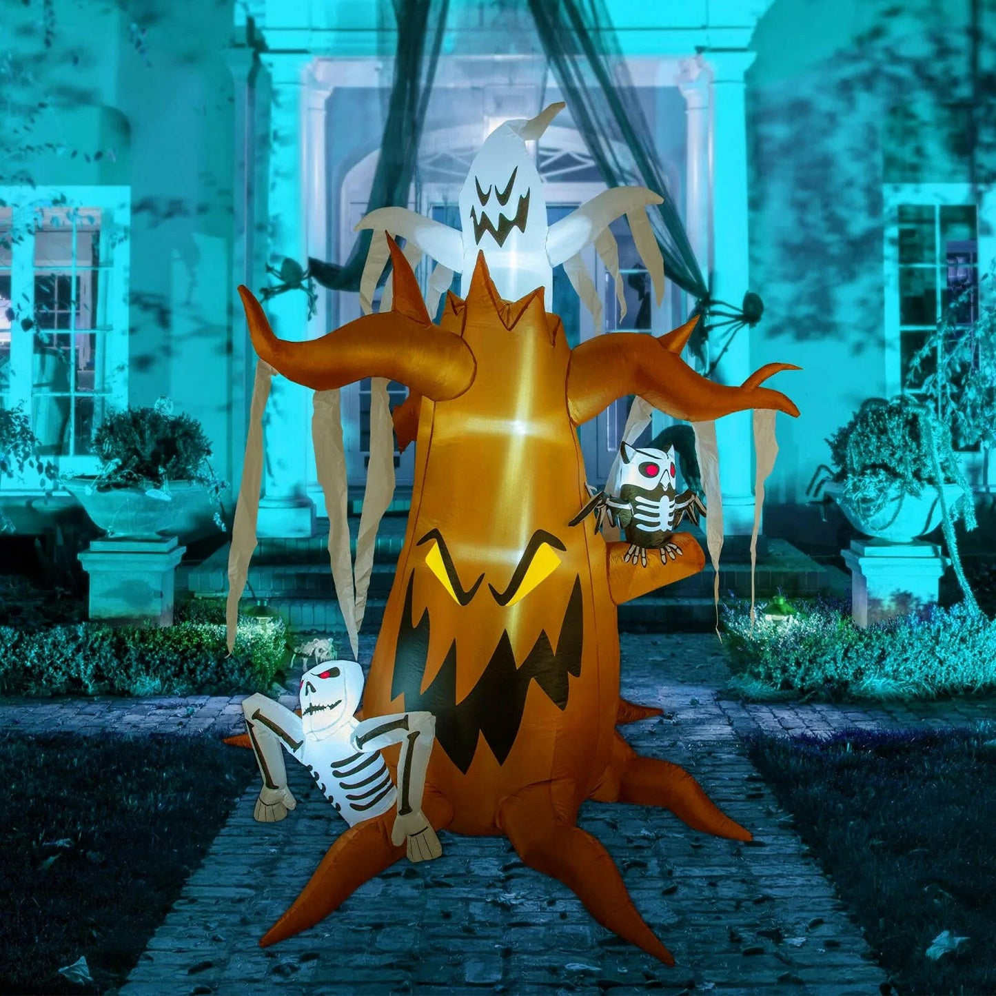8.3FT Inflatable Halloween Dead Tree with White Ghost and Owl – LED Blow-Up Decoration for Garden, Lawn, and Party Displays