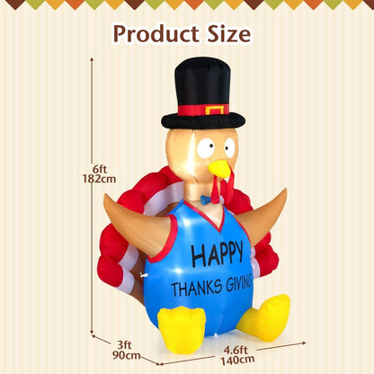 6FT Thanksgiving Inflatable Turkey – LED-Lit Outdoor Decoration with Built-In Fan | Waterproof Polyester, Self-Inflating.