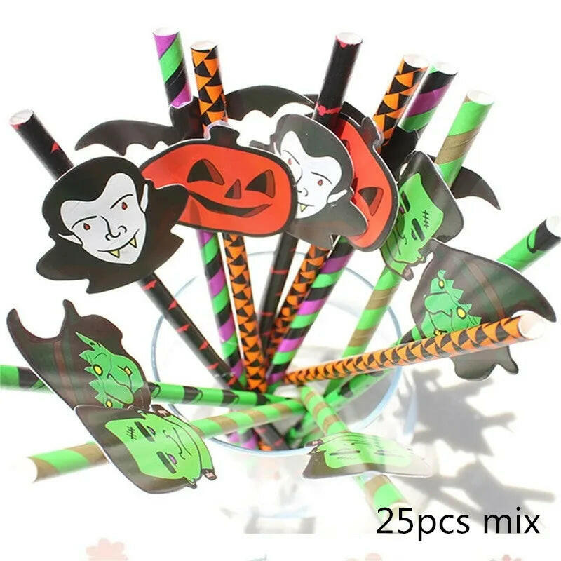 25-Pack Halloween Disposable Straws – Choose from 17 Spooky Designs for Party Drinks & Decor